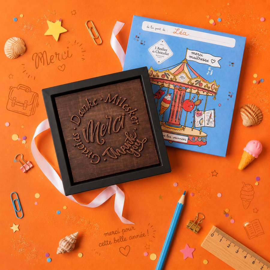 Nos chocolats à personnaliser pour la sortie des classes Cadeau Maître, Maîtresse, ATSEM et Nounou